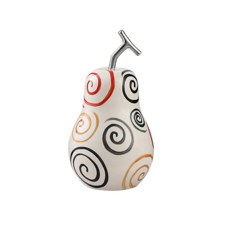 A vibrant pear adorned with colourful swirls